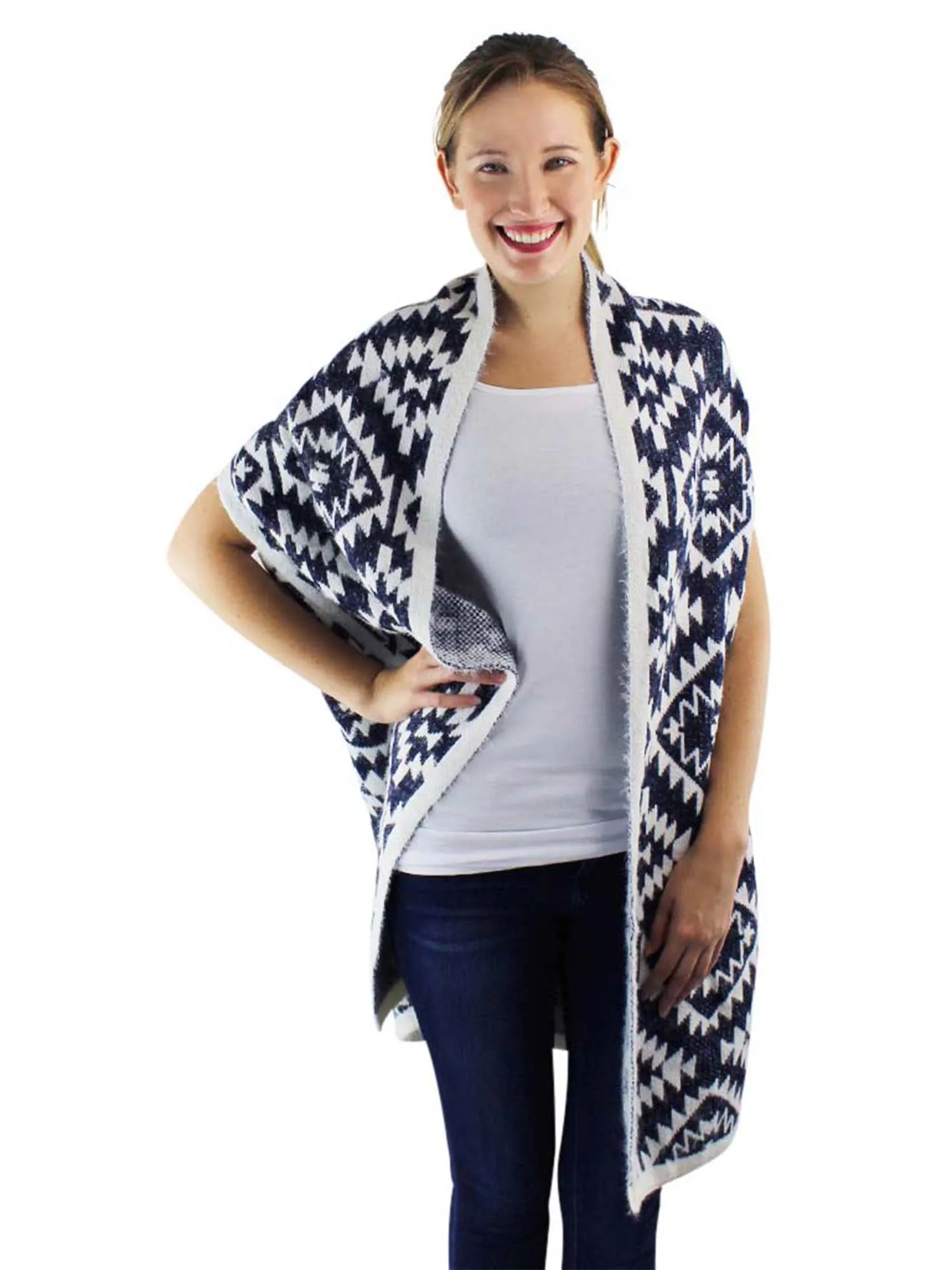 Knit Aztec Print Kimono Vest Cardigan