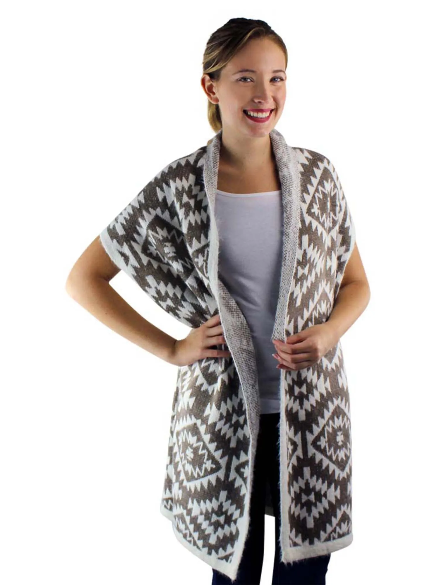 Knit Aztec Print Kimono Vest Cardigan