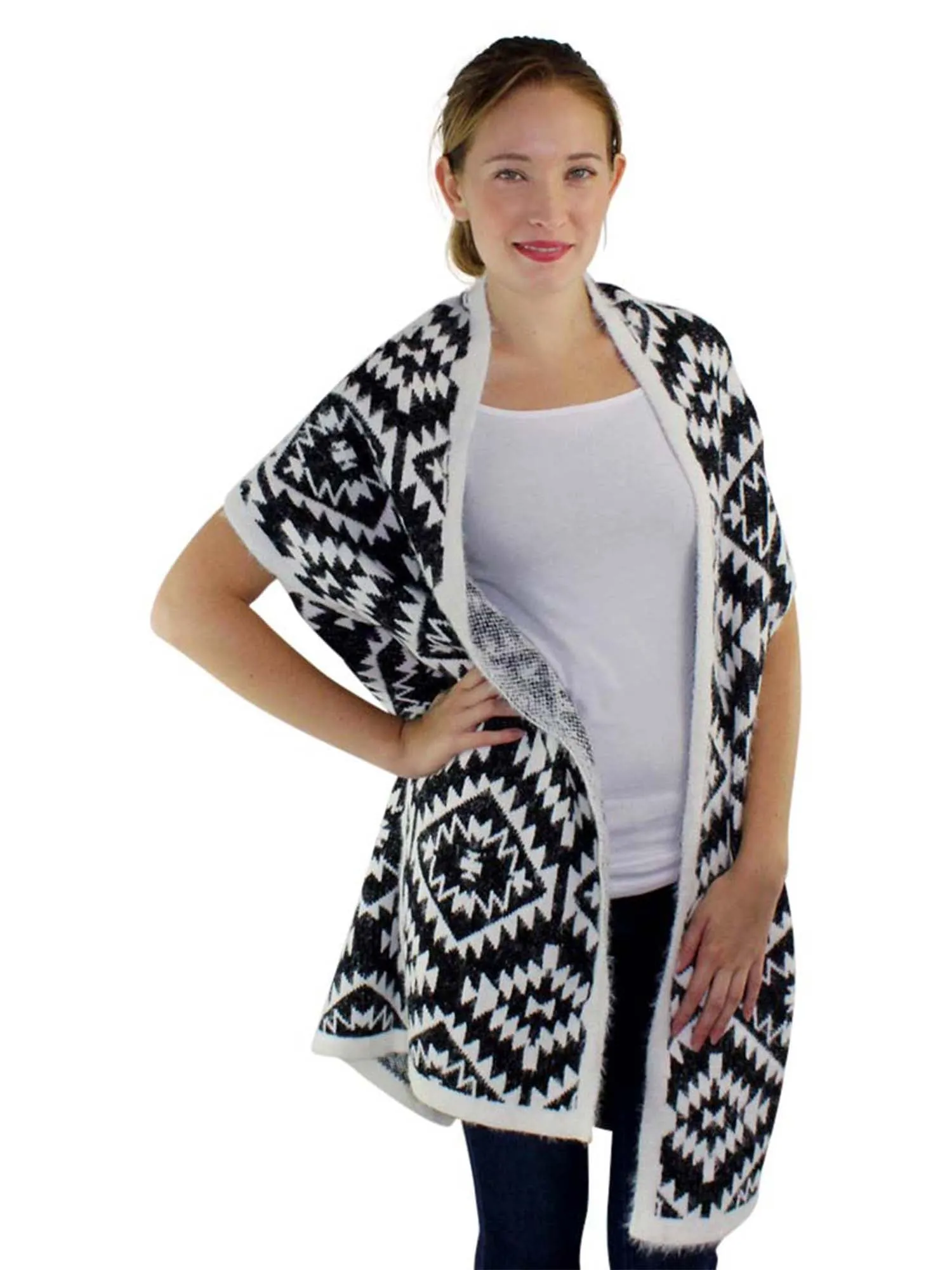 Knit Aztec Print Kimono Vest Cardigan