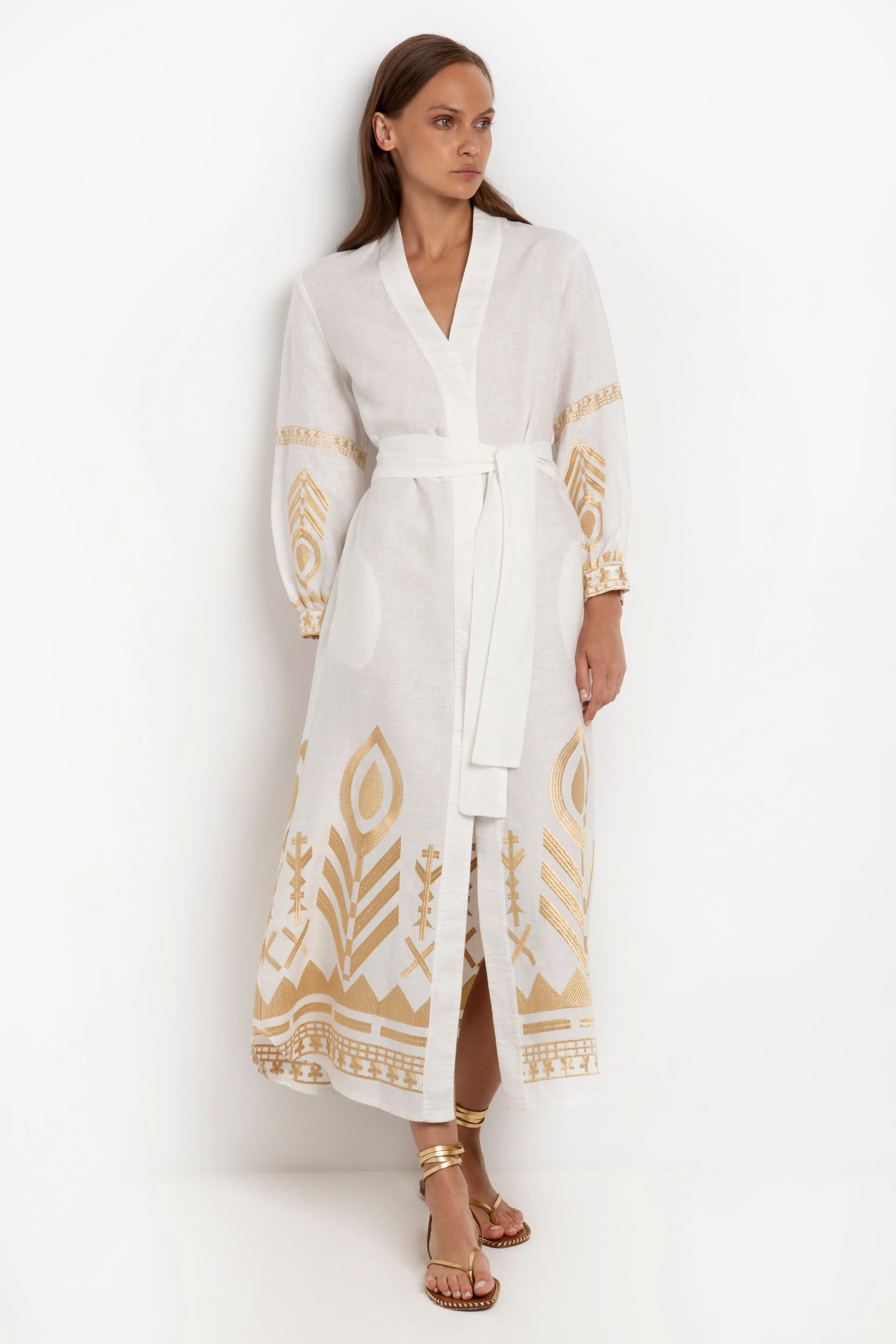 Kori Long Sleeved Belted Shirt Dress | White & Gold