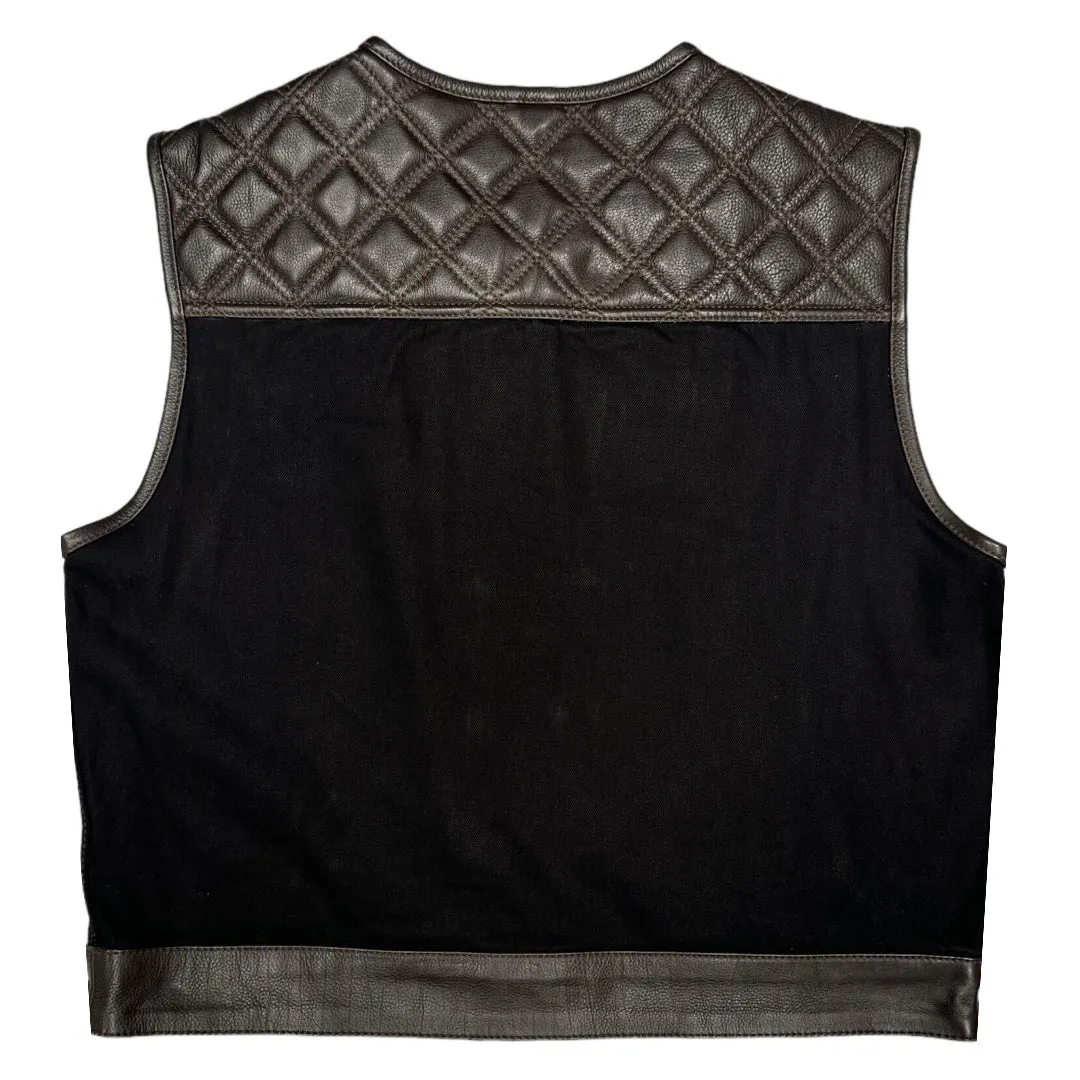 Legacy of Legends 'Cowboy' Black Twill Denim & Dark Chocolate Diamond Stitch Cropped Motorcycle Vest