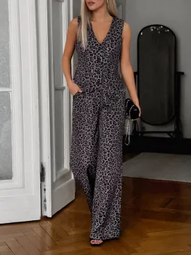 Leopard V Neck Vest & Long Pants Set