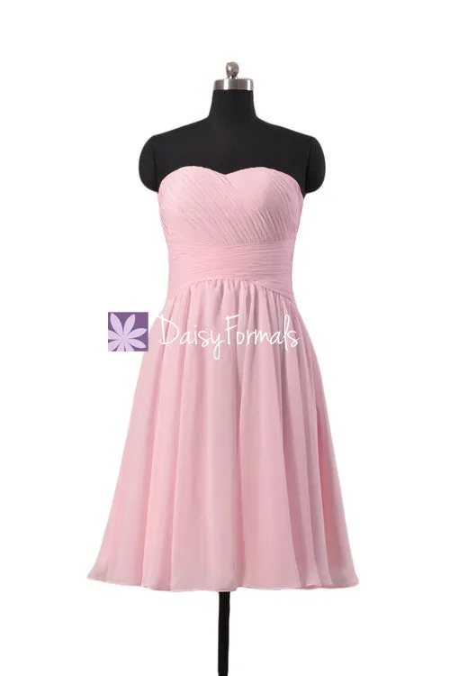 Light Pink Strapless Bridal Party Dress Sweetheart Chiffon Dress Handmade (BM182)