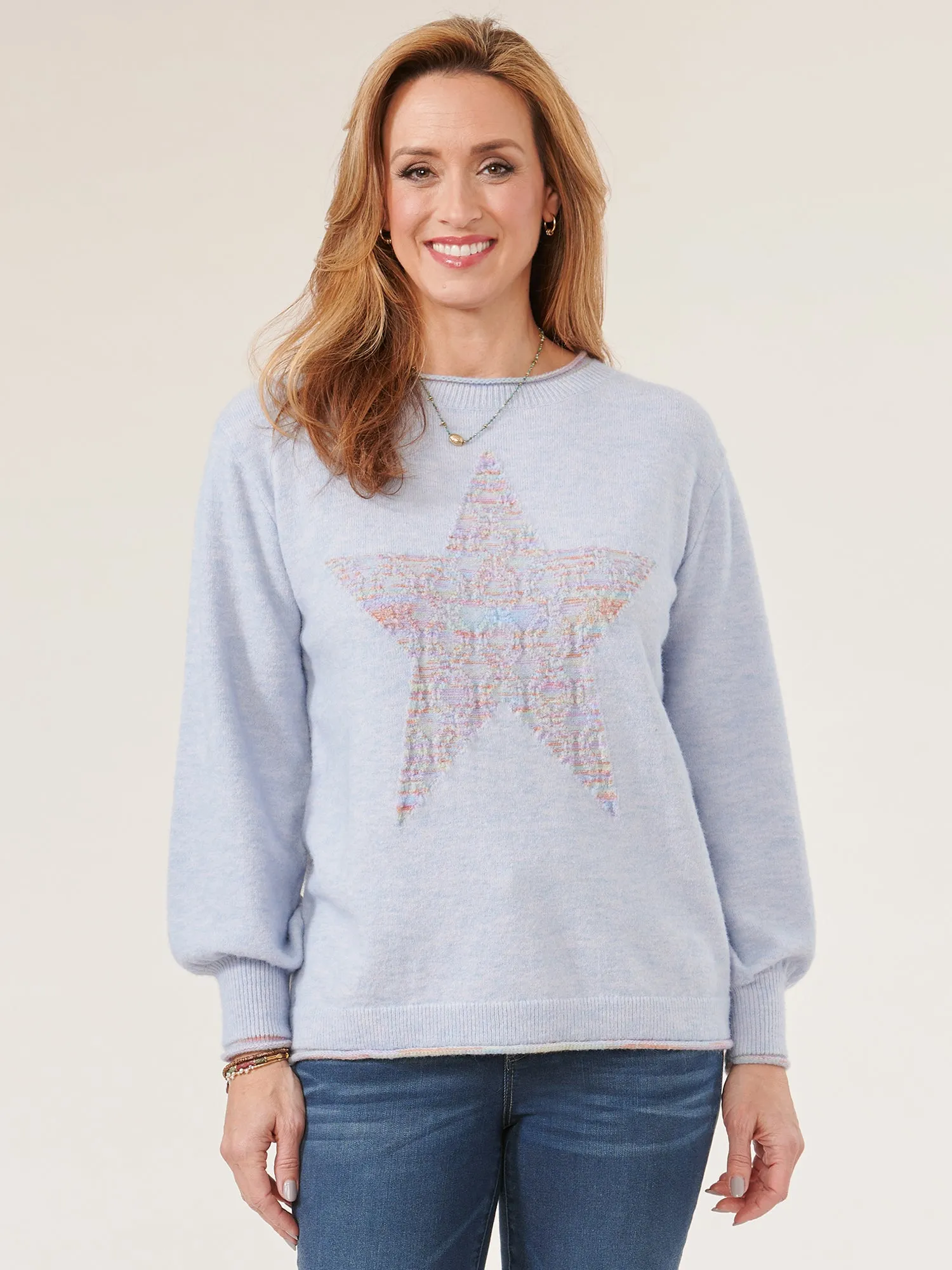 Long Blouson Sleeve High Round Neck Space Dye Star Sweater