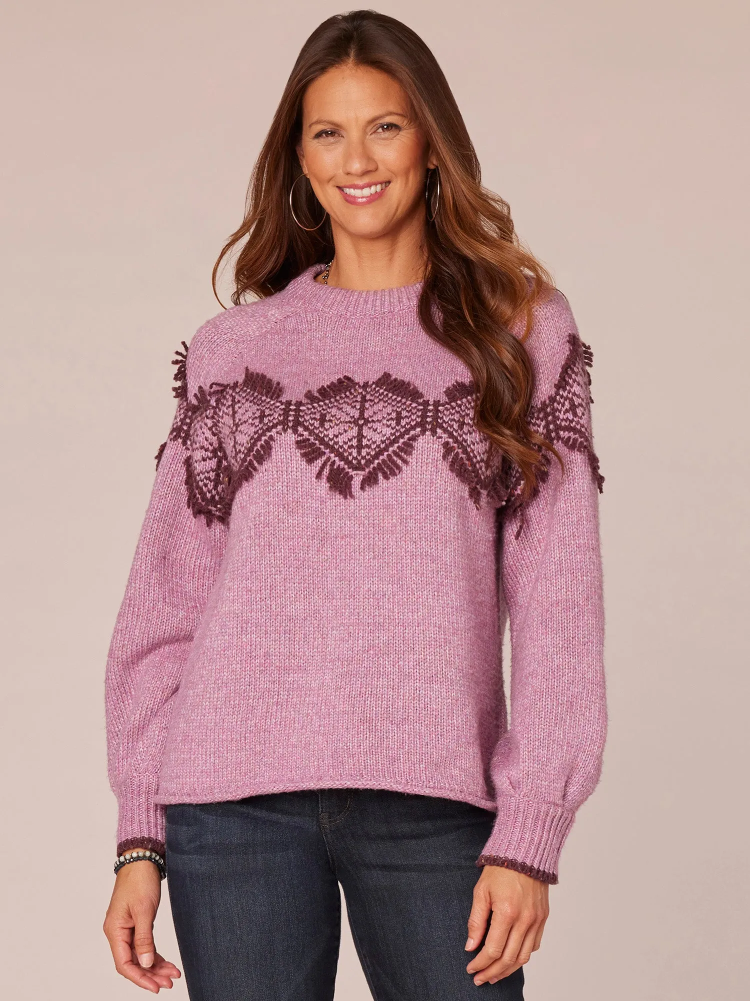 Long Raglan Sleeve Turtleneck Jacquard Fringe Sweater