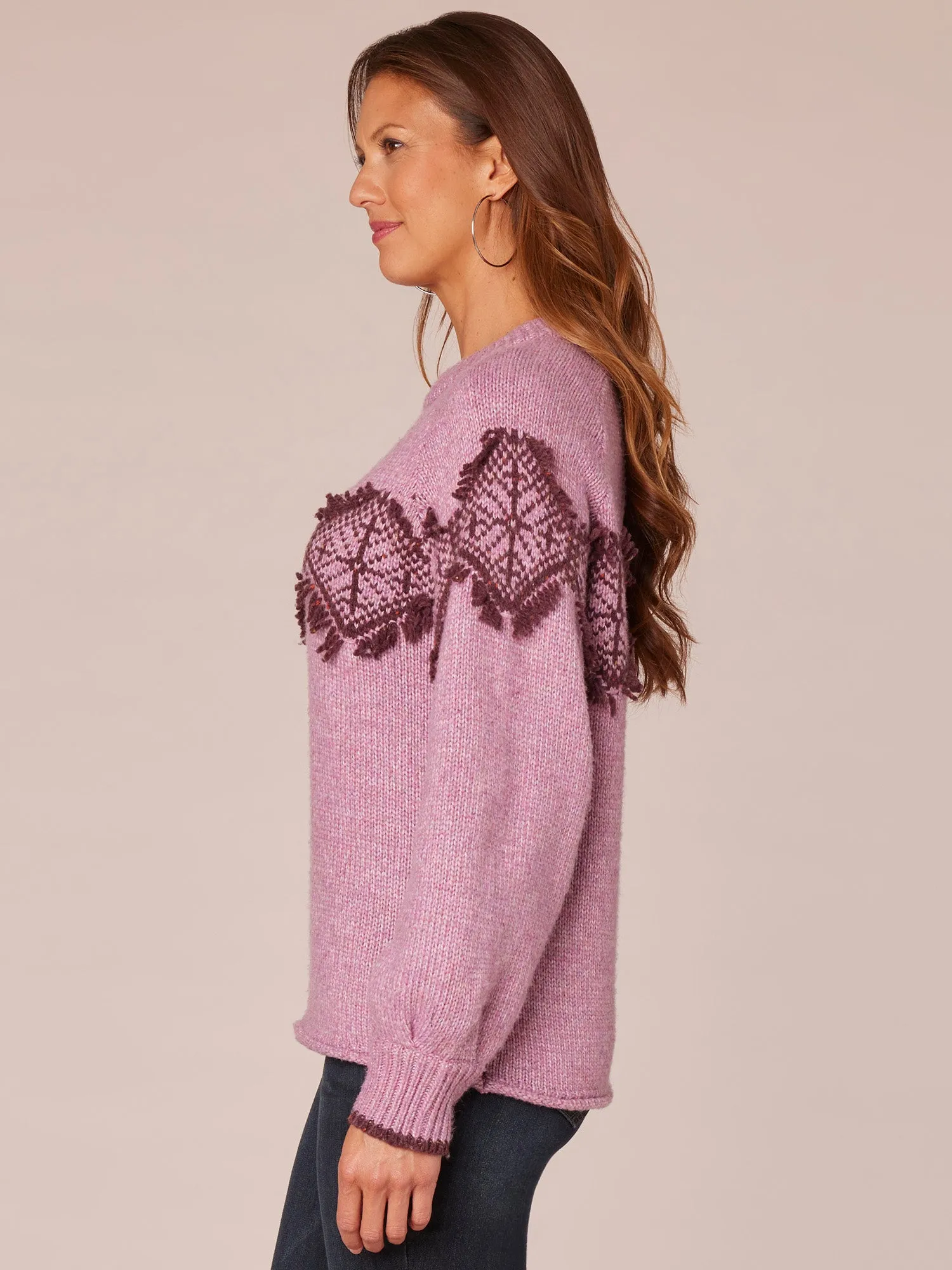 Long Raglan Sleeve Turtleneck Jacquard Fringe Sweater