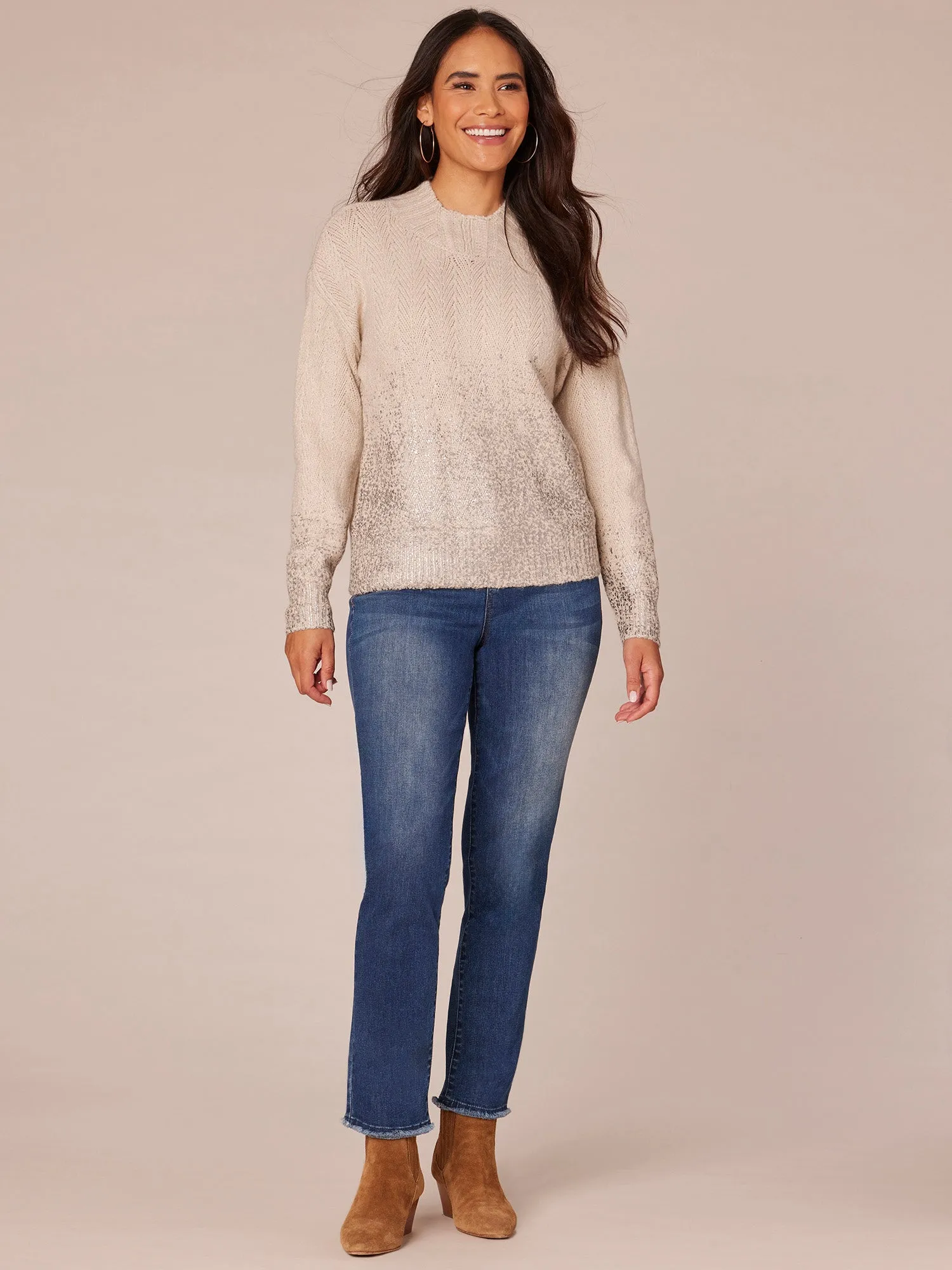 Long Sleeve Mock V-Neck Ombre Metallic Foil Sweater