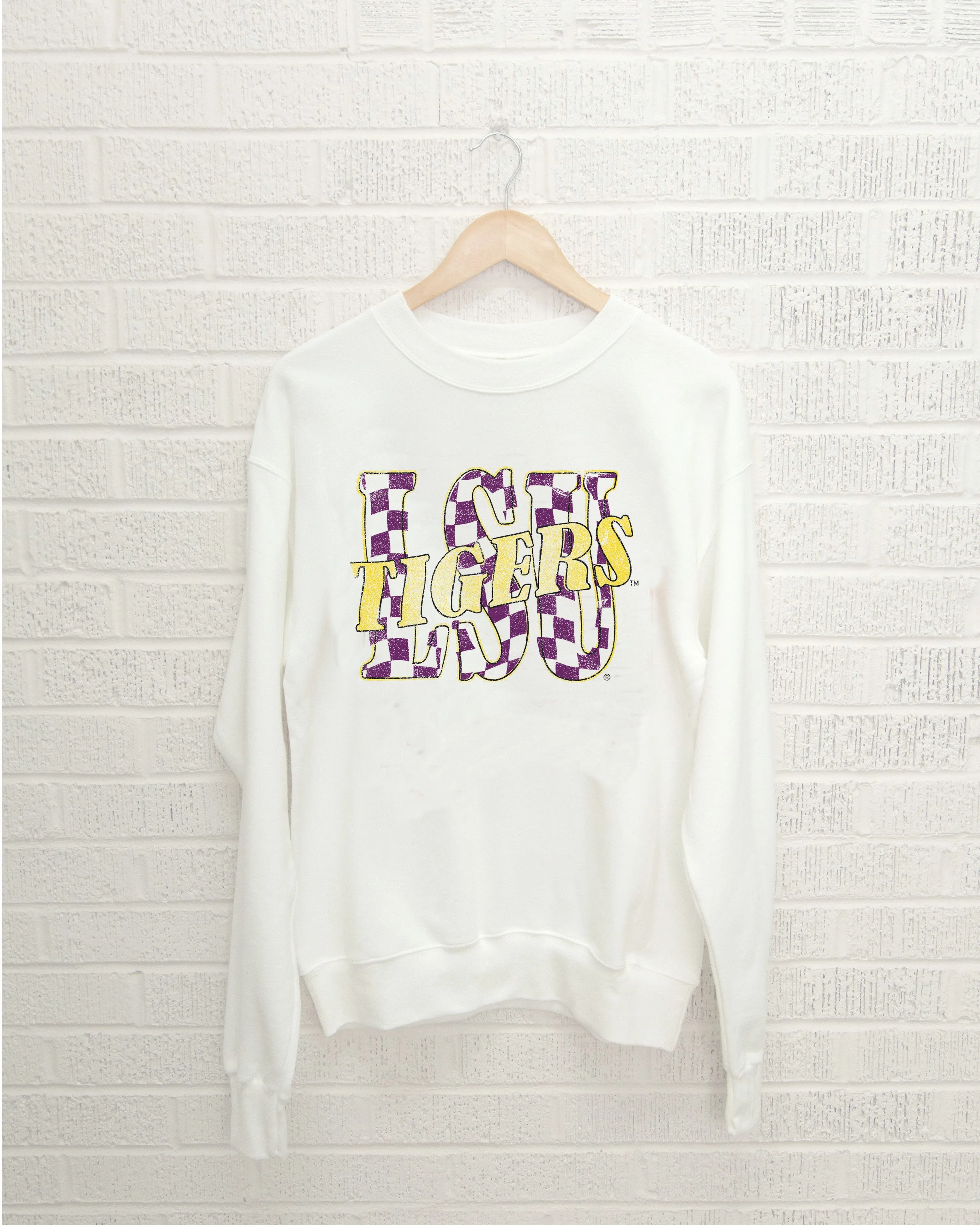 LSU Tigers Twisted Check White Thrifted Sweatshirt