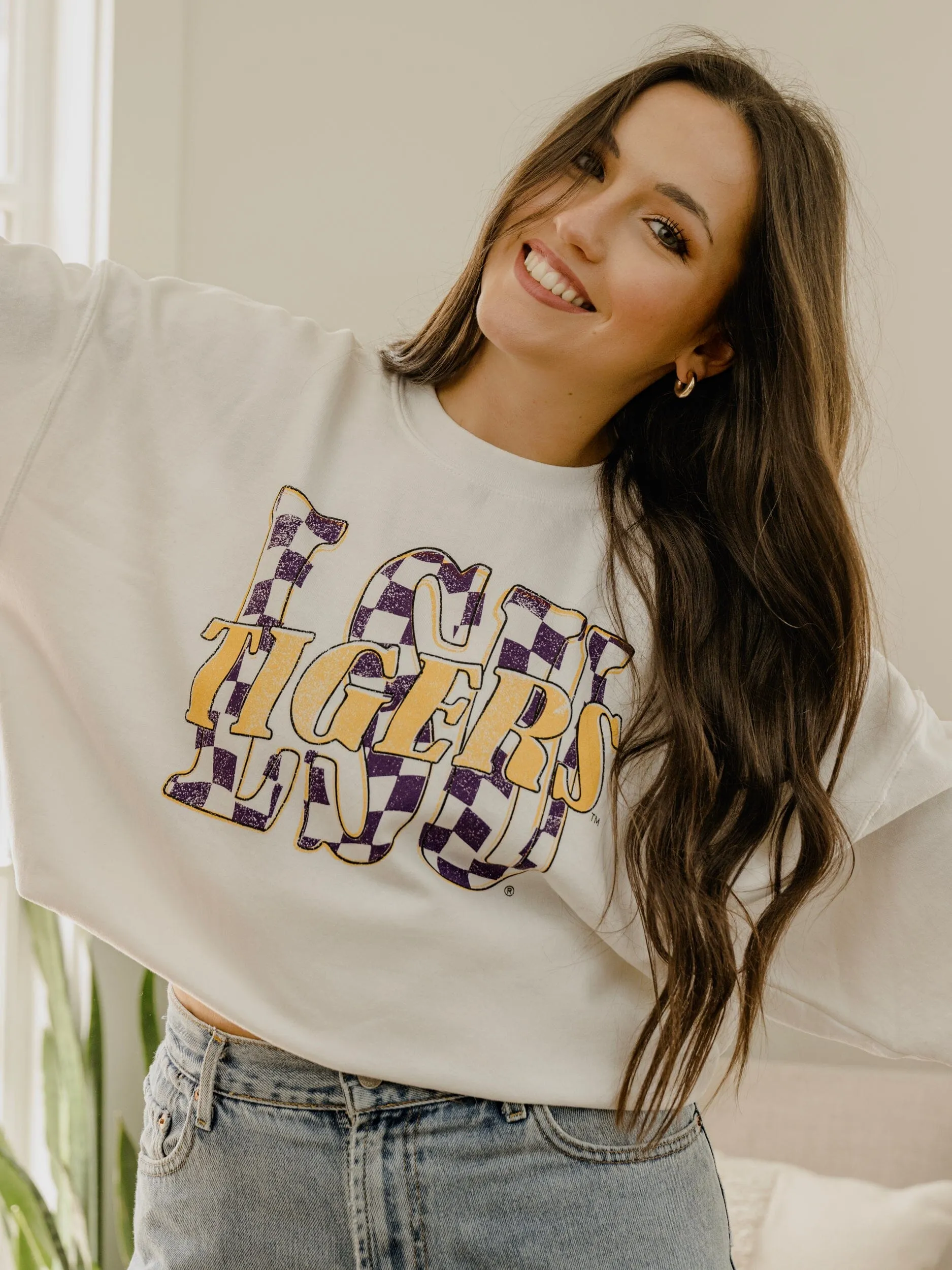 LSU Tigers Twisted Check White Thrifted Sweatshirt