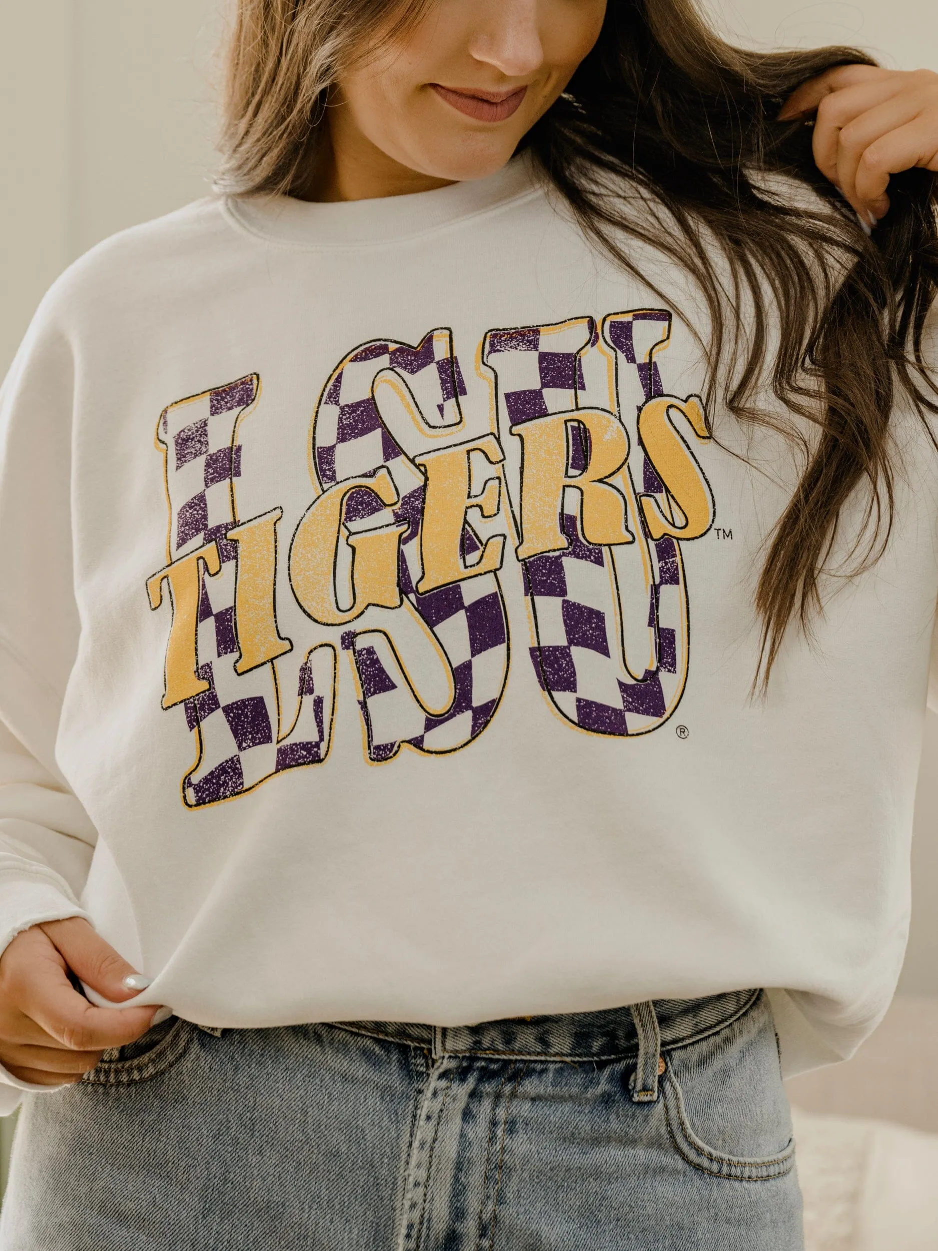 LSU Tigers Twisted Check White Thrifted Sweatshirt