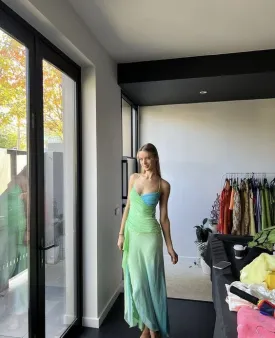 Mermaid Straps Ombre Green Floor Length Backless  Prom Dress SH1319