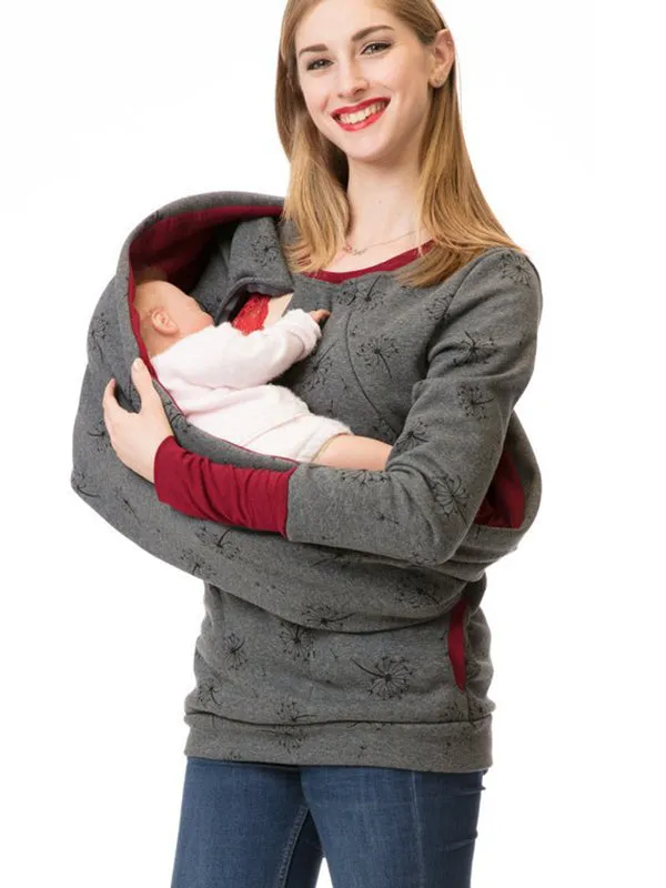 Momnfancy Pattern Polka Dot Pockets Long Sleeve Maternity Daily Nursing Baby Carrier Sweatshirt