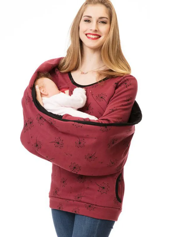 Momnfancy Pattern Polka Dot Pockets Long Sleeve Maternity Daily Nursing Baby Carrier Sweatshirt