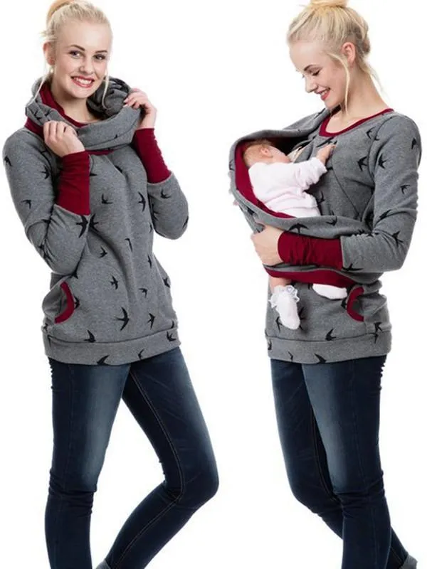 Momnfancy Pattern Polka Dot Pockets Long Sleeve Maternity Daily Nursing Baby Carrier Sweatshirt