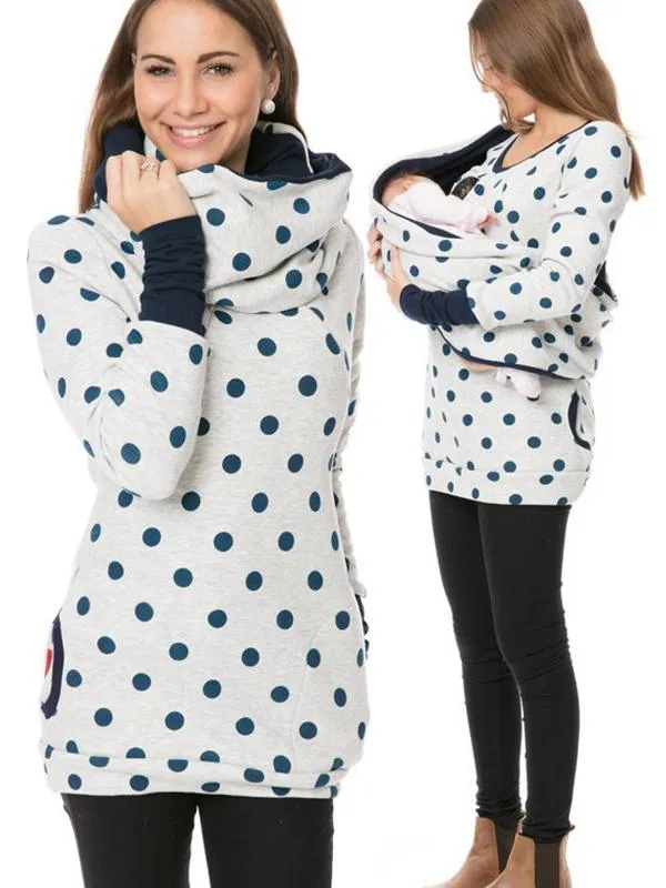 Momnfancy Pattern Polka Dot Pockets Long Sleeve Maternity Daily Nursing Baby Carrier Sweatshirt