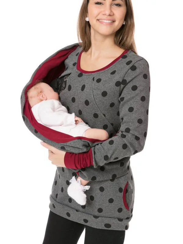 Momnfancy Pattern Polka Dot Pockets Long Sleeve Maternity Daily Nursing Baby Carrier Sweatshirt