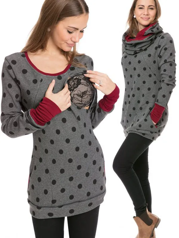 Momnfancy Pattern Polka Dot Pockets Long Sleeve Maternity Daily Nursing Baby Carrier Sweatshirt