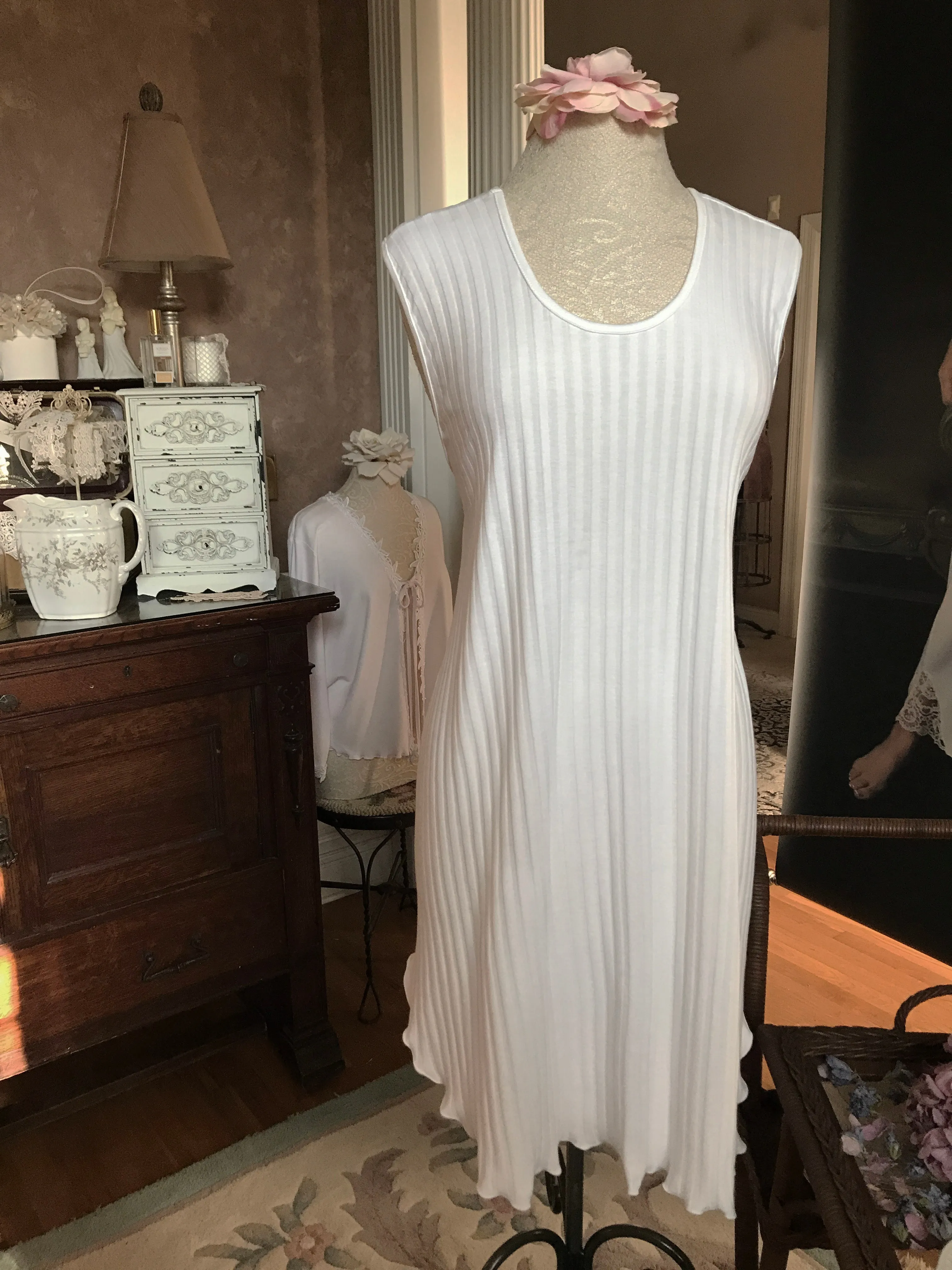 Nightgown Sleeveless Short Cotton Shadow Stripe