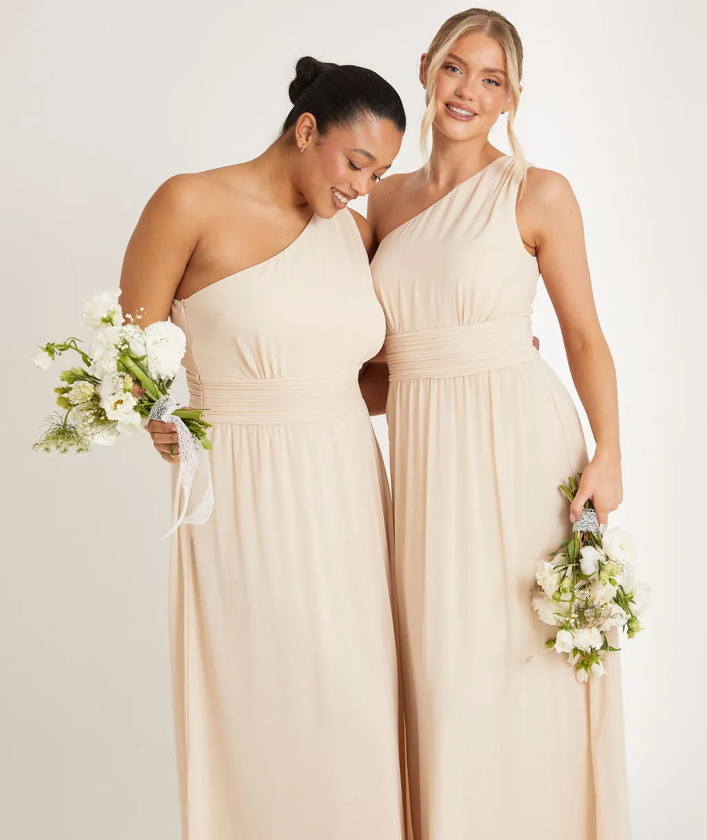 One Shoulder Pleated Waist Chiffon Bridesmaid Dress - Vintage Cream