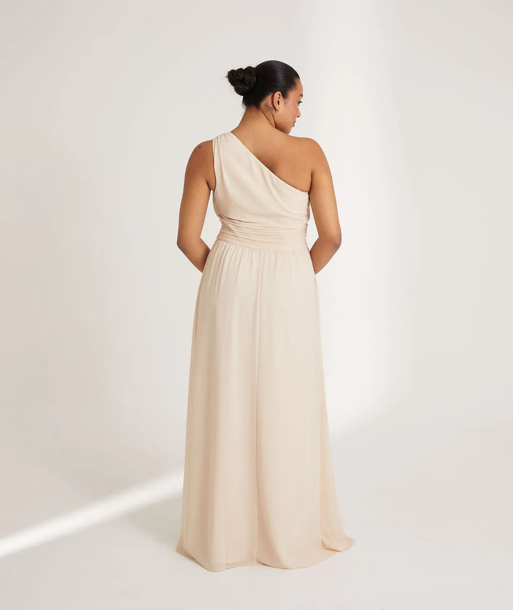 One Shoulder Pleated Waist Chiffon Bridesmaid Dress - Vintage Cream