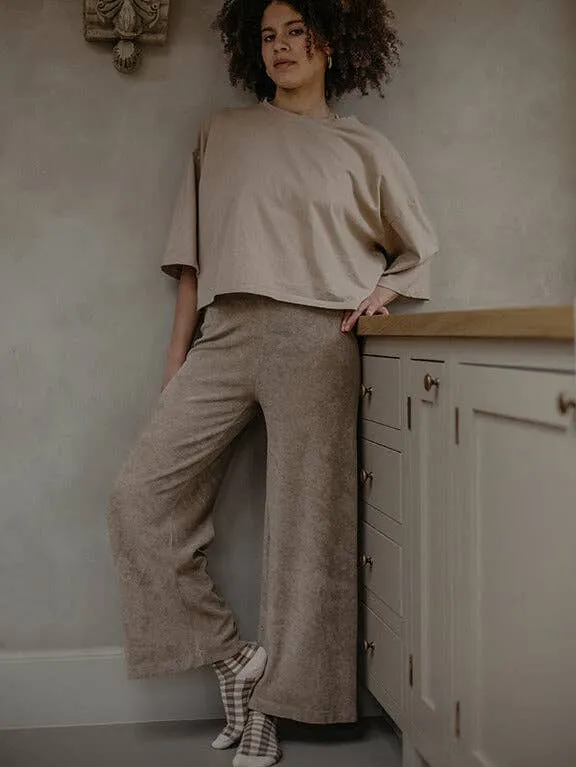 Organic Cotton Terry Cloth Wide Leg Trouser: Sand