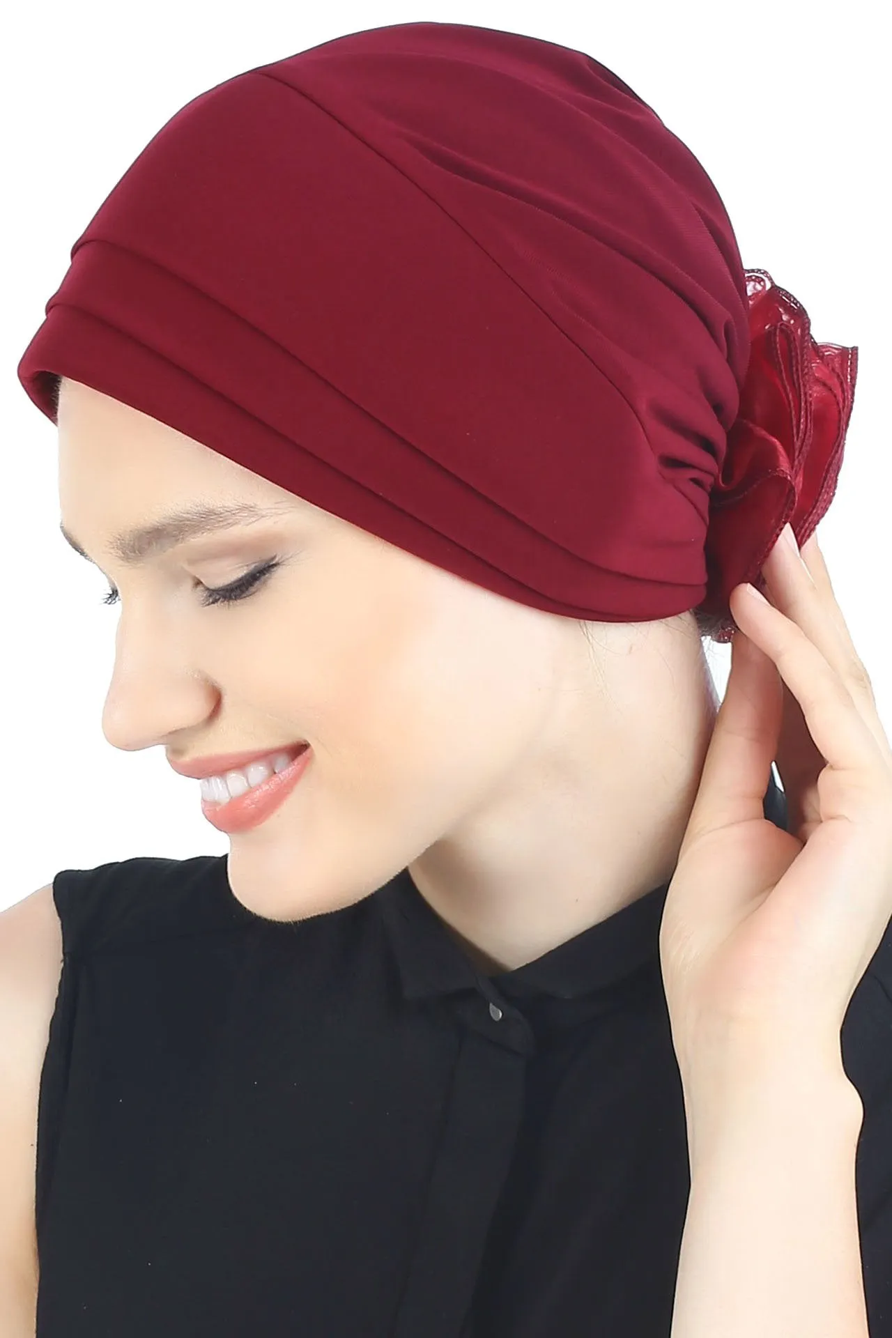 Padded and Folded Front Hat with Chiffon Flower