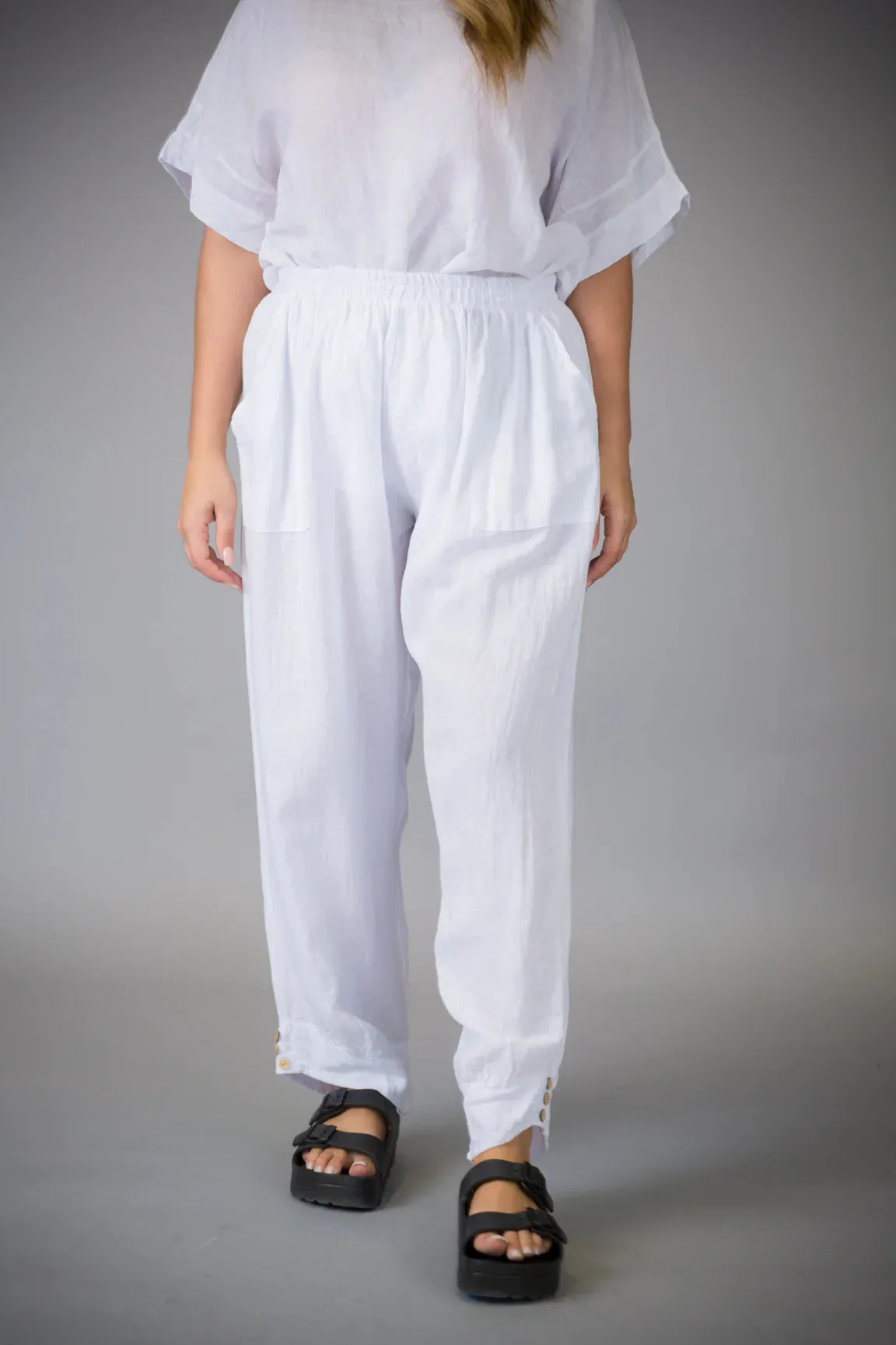 Paolo Tricot Sale, 60028 Linen Pant With Side Buttons 50% Off Regular Price