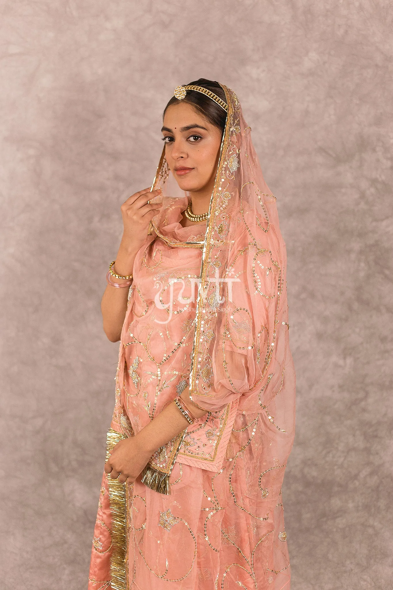 Peach Bamber Satin Zardozi Salma work Poshak