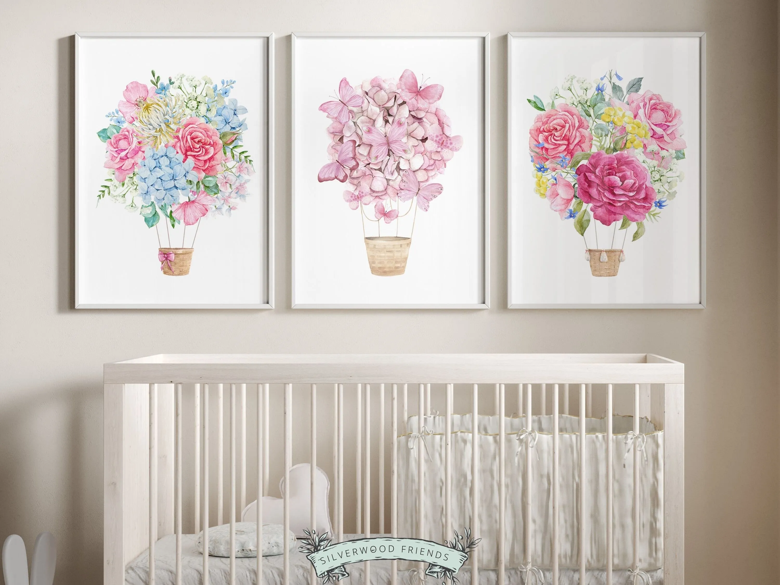 Pink Floral Hot Air Balloon Nursery Prints - Set 1