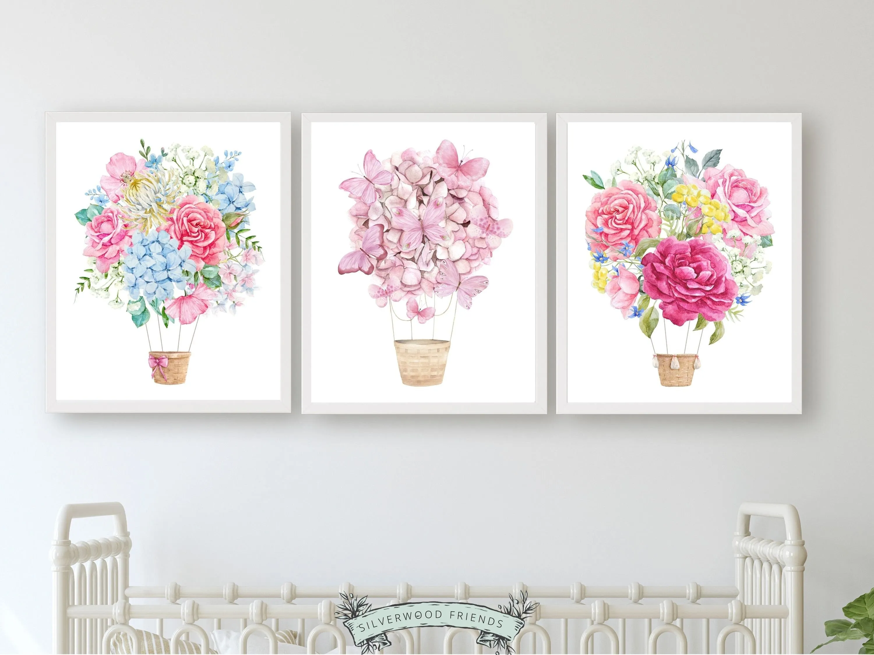 Pink Floral Hot Air Balloon Nursery Prints - Set 1