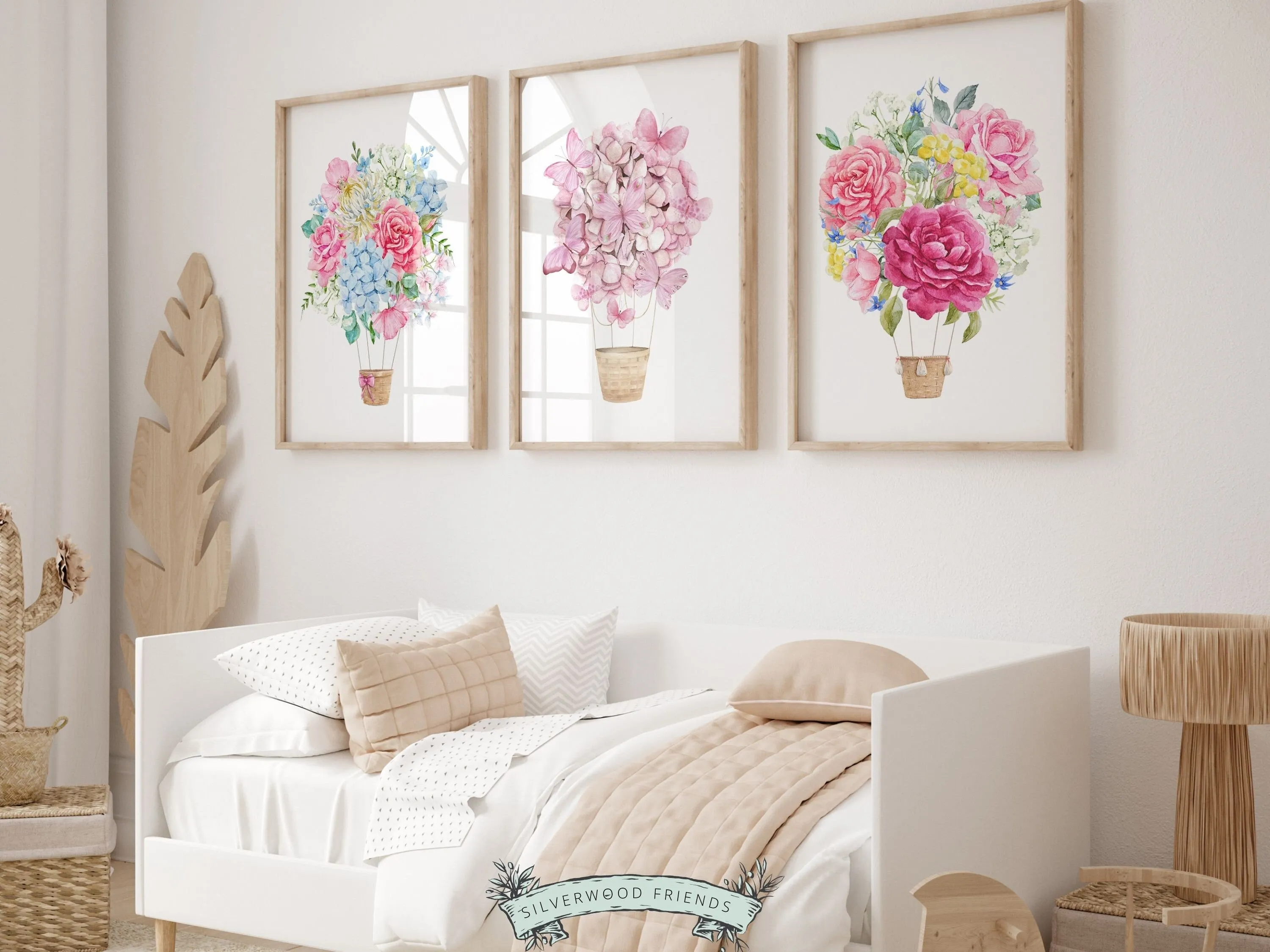 Pink Floral Hot Air Balloon Nursery Prints - Set 1