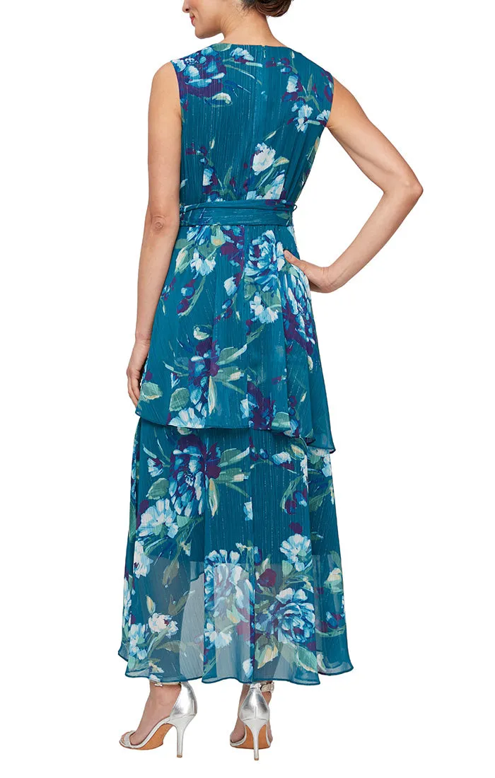 Plus - Sleeveless Maxi with Tie Belt & Asymmetric Tiered Hem