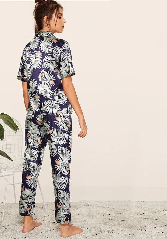 Print Satin Short Sleeve Sleepwear Set