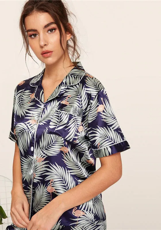 Print Satin Short Sleeve Sleepwear Set