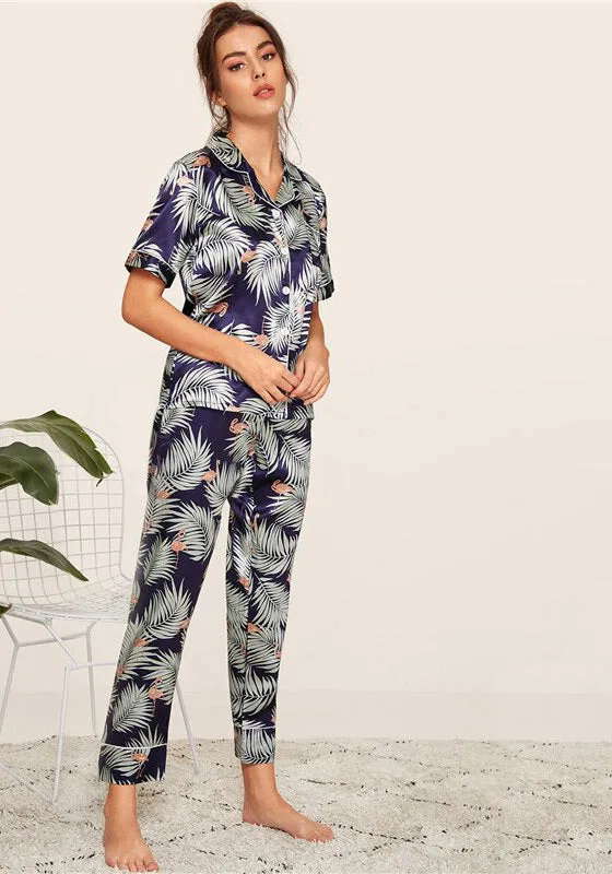 Print Satin Short Sleeve Sleepwear Set