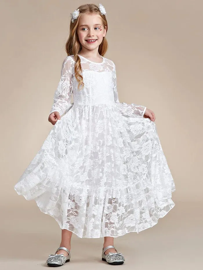 Pure Lace Long-Sleeve Round Neckline Flower Girl Dress