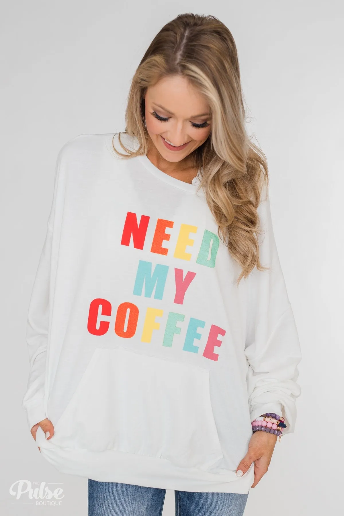 "Need My Coffee" Long Sleeve Pullover- Off White