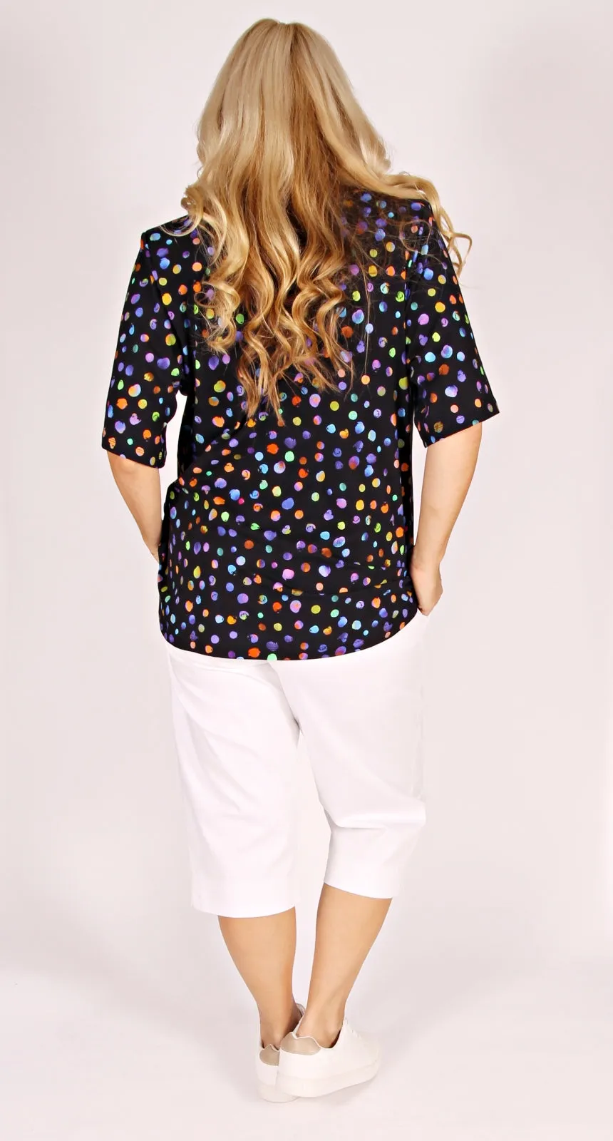 Rikki Round Neck Top Multi Spots on Black Cotton