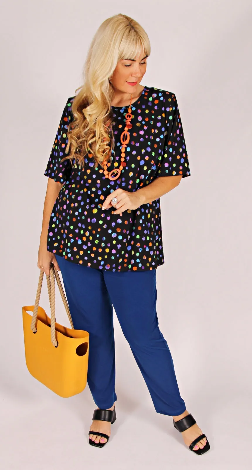 Rikki Round Neck Top Multi Spots on Black Cotton