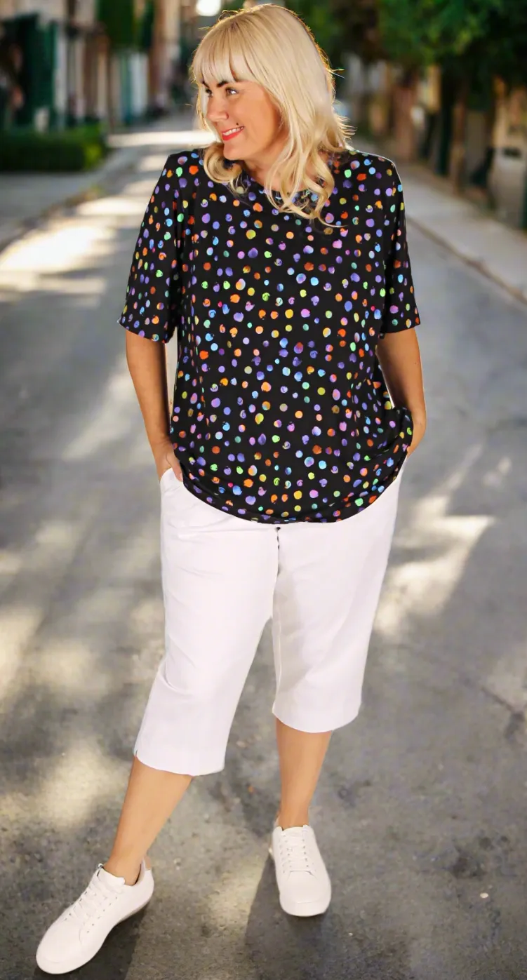 Rikki Round Neck Top Multi Spots on Black Cotton