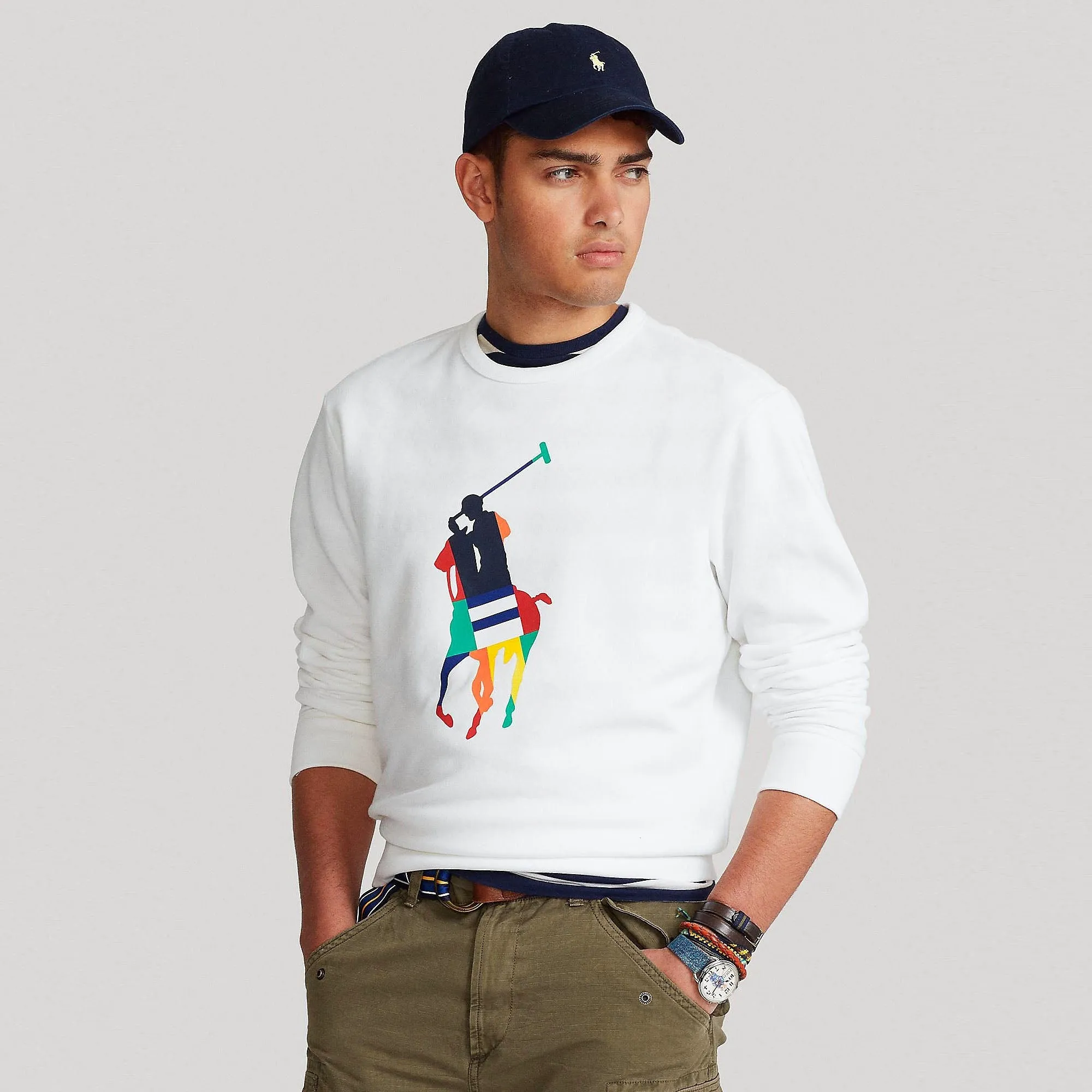 RL - Men 'White' Big Pony Multi color Fleece Crewneck Sweatshirt PL729