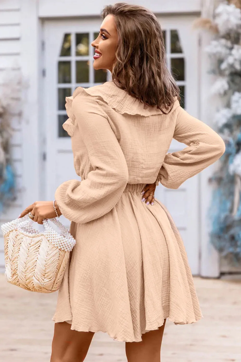 Ruffle Trim V-Neck Long Sleeve Mini Dress