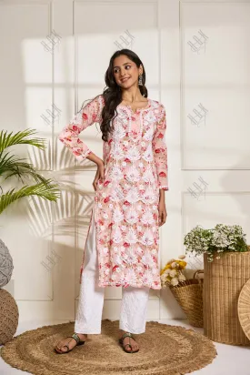 Saba Chikankari Kurta in Mul cotton in Baby Pink