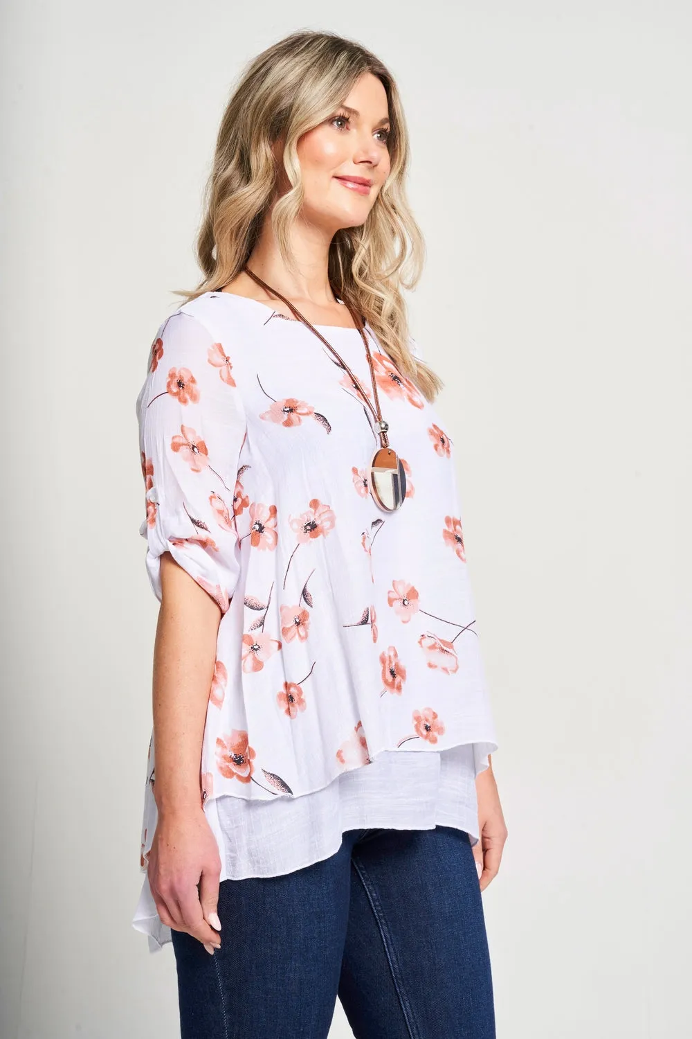 Saloos Linen Look Layered Top with Necklace