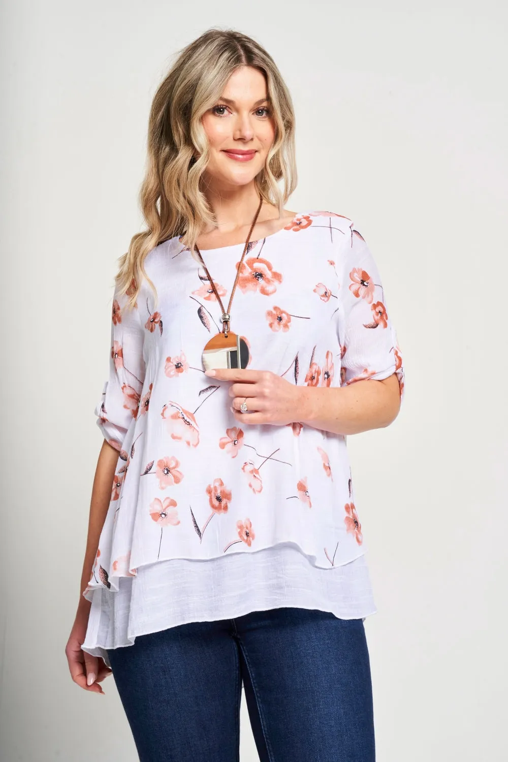 Saloos Linen Look Layered Top with Necklace