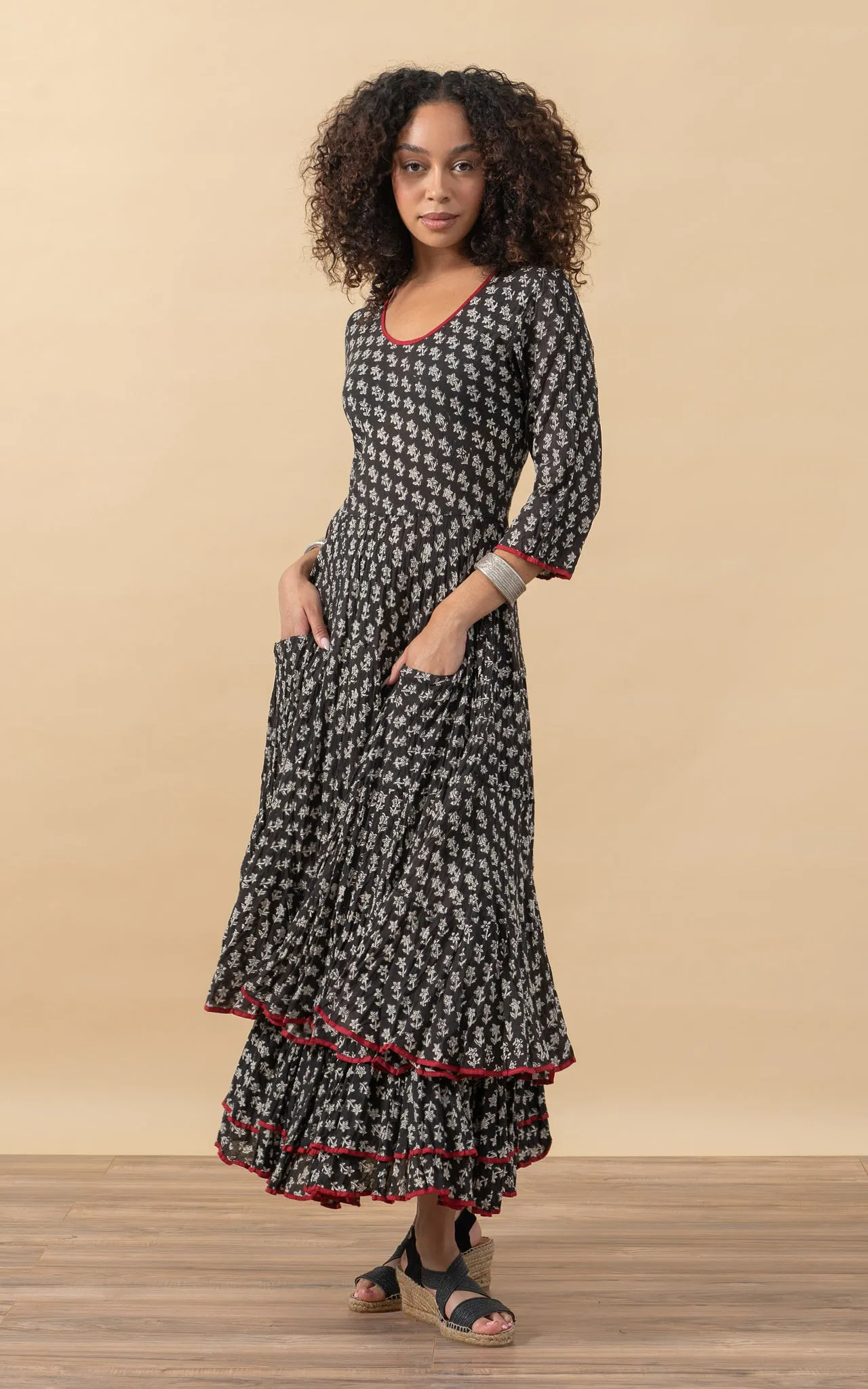 Santa Fe Dress, Long, 3/4 Sleeve, Amina Black