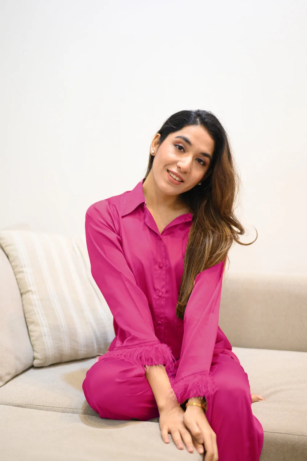 Satin Pj's in Fuschia with Fur detail