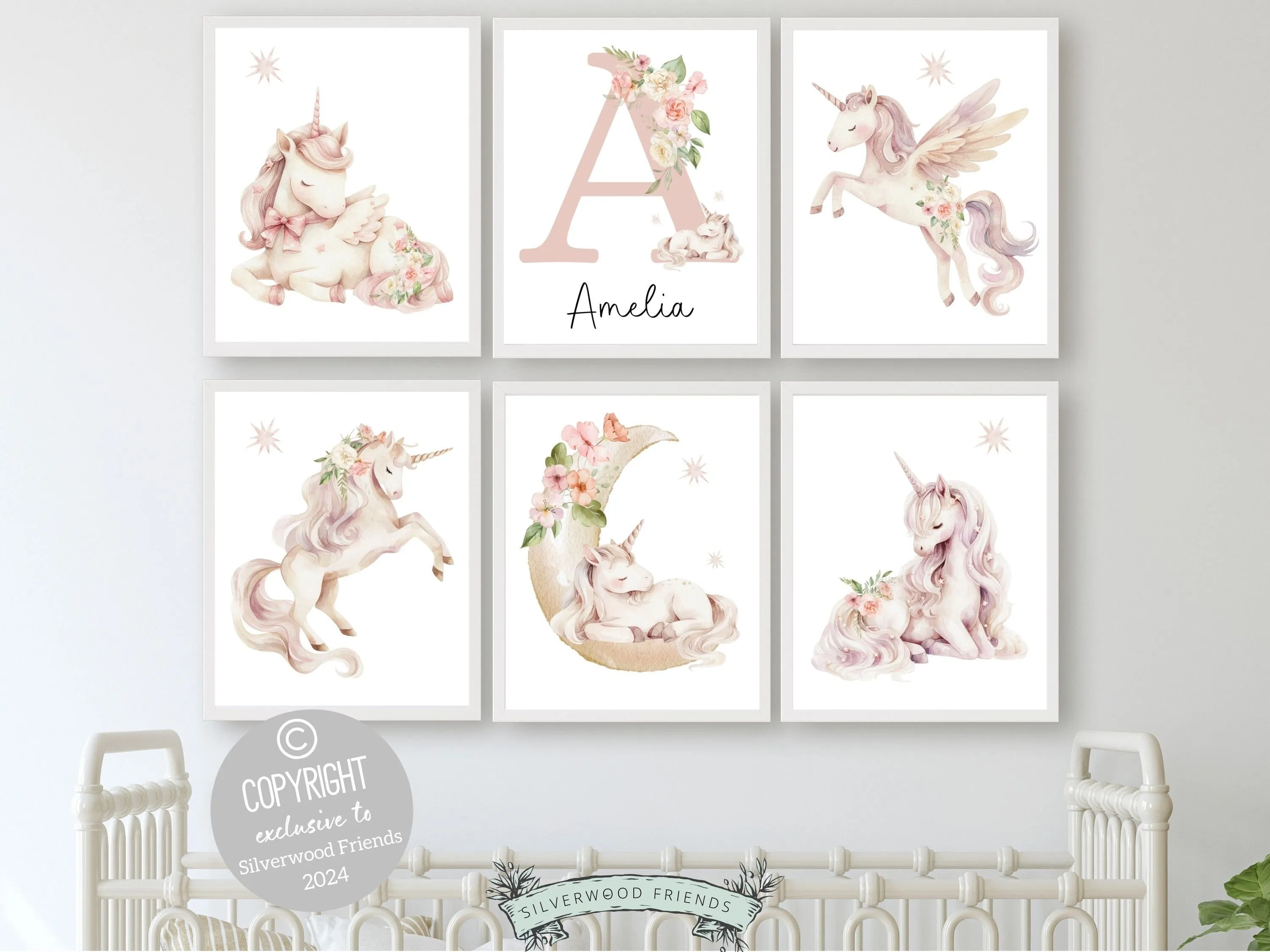 Set of 6 Floral Unicorn Nursery Prints - Personalised