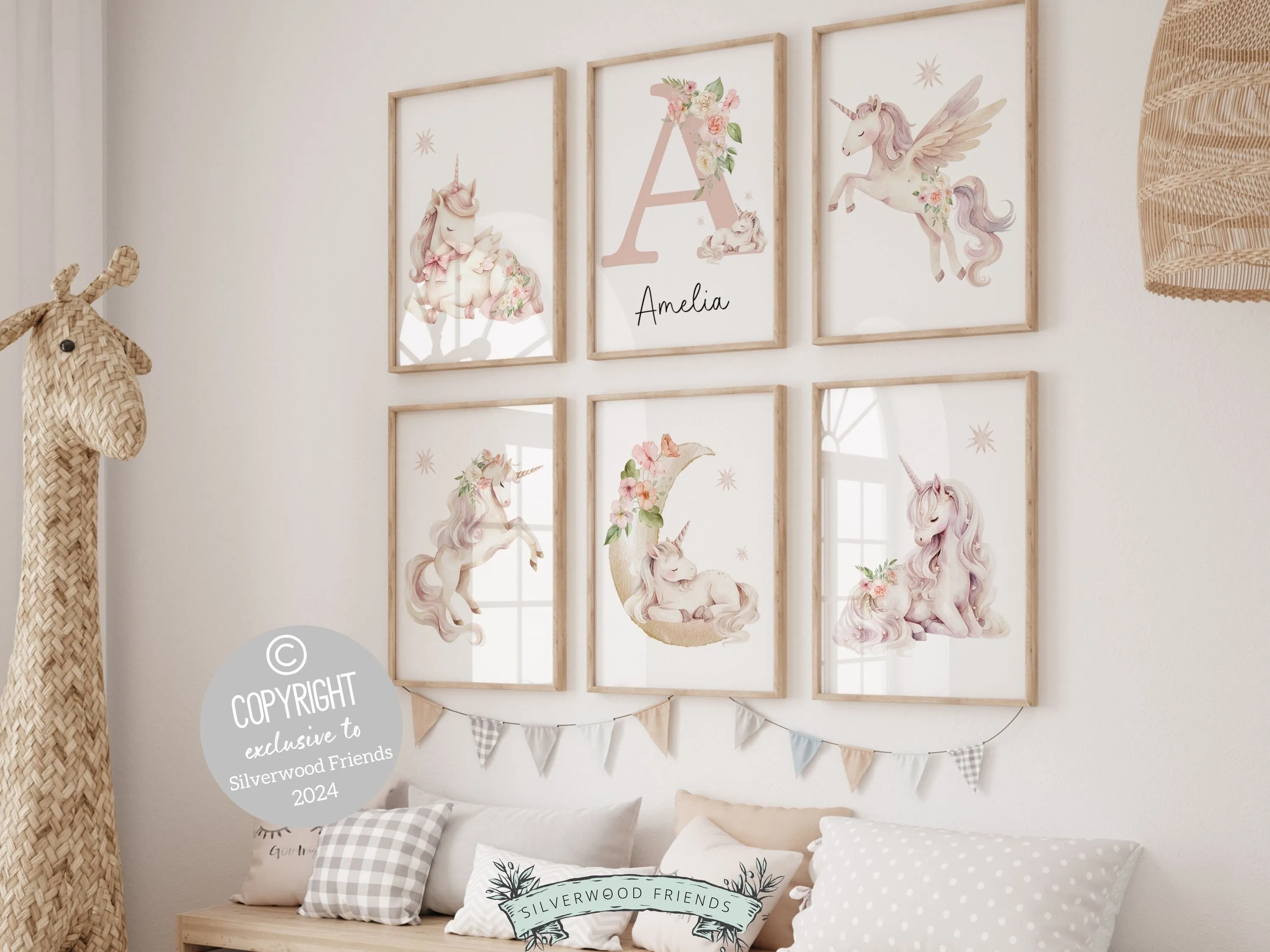 Set of 6 Floral Unicorn Nursery Prints - Personalised