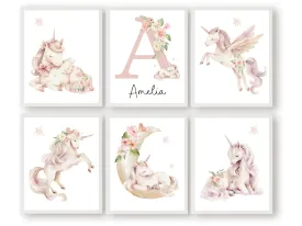 Set of 6 Floral Unicorn Nursery Prints - Personalised